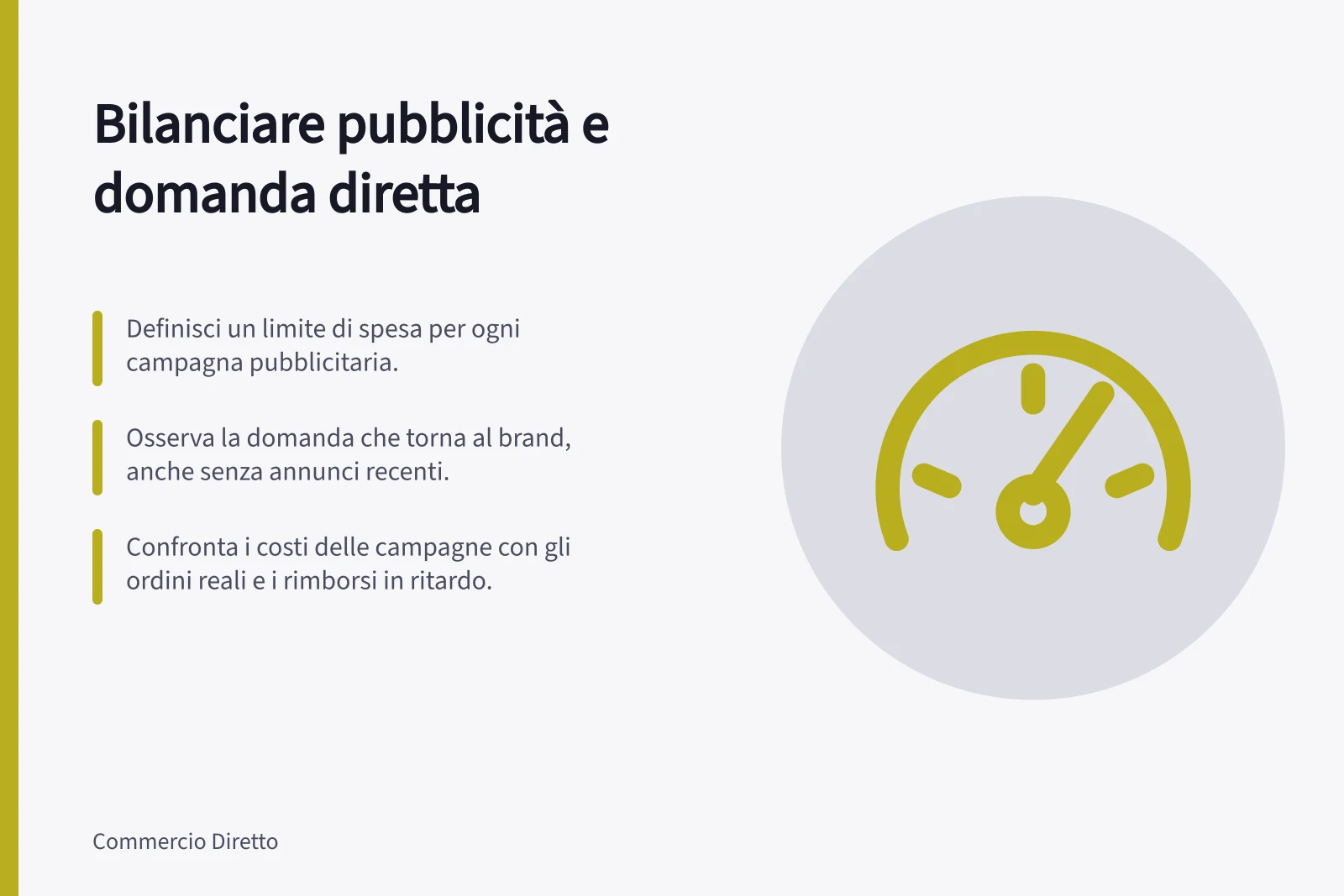 Bilanciare pubblicità e domanda diretta: Definisci un limite di spesa per ogni campagna pubblicitaria.; Osserva la domanda che torna al brand, anche senza annunci recenti.; Confronta i costi delle campagne con gli ordini reali e i rimborsi in ritardo.