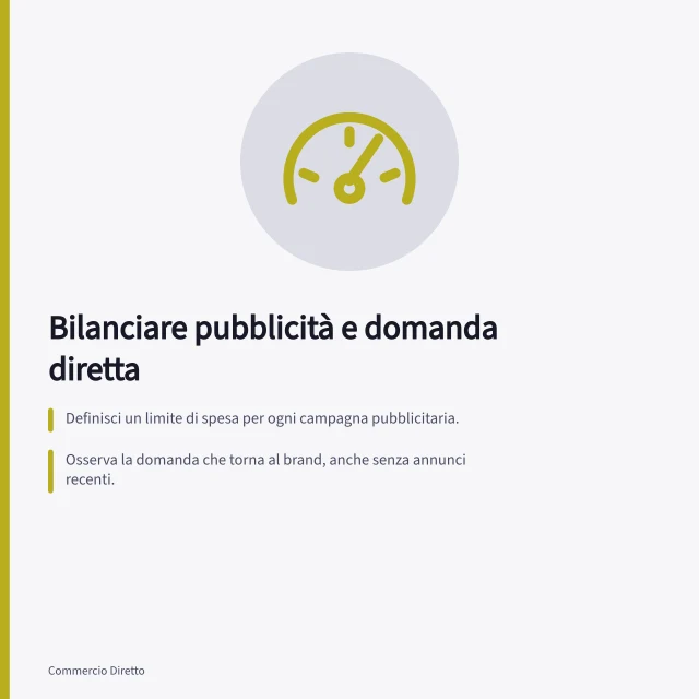 Bilanciare pubblicità e domanda diretta: Definisci un limite di spesa per ogni campagna pubblicitaria.; Osserva la domanda che torna al brand, anche senza annunci recenti.; Confronta i costi delle campagne con gli ordini reali e i rimborsi in ritardo. Bilanciare traffico a pagamento e domanda diretta