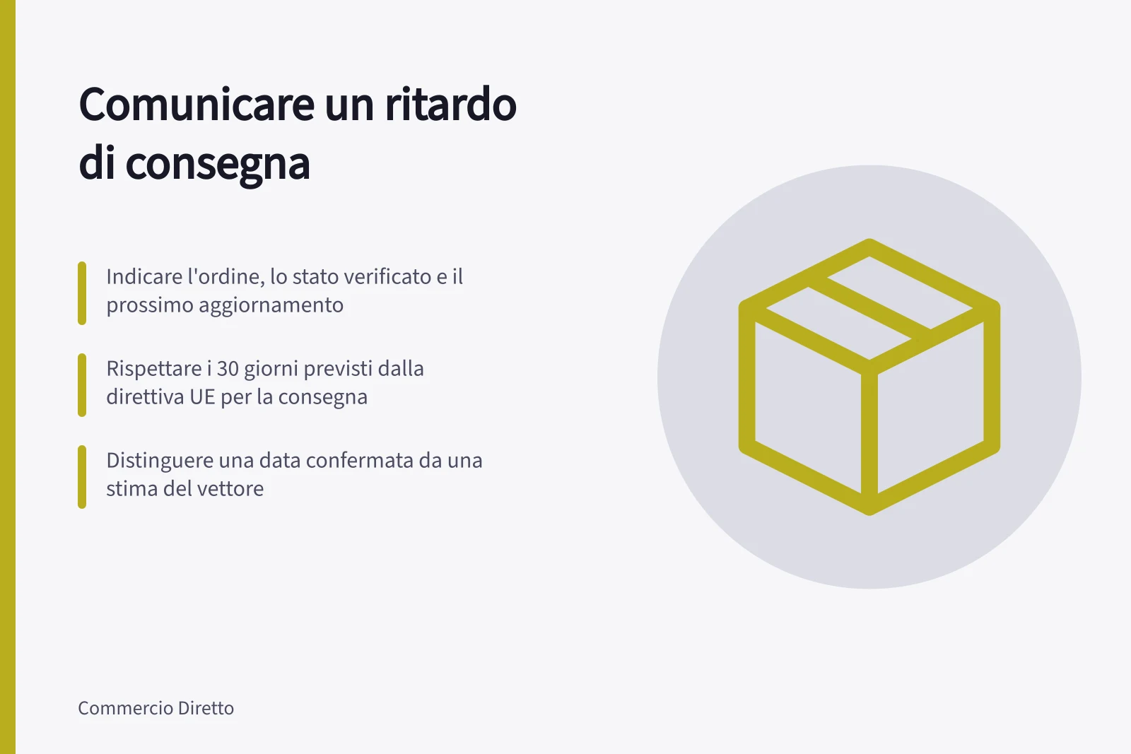 Comunicare un ritardo di consegna: Indicare l'ordine, lo stato verificato e il prossimo aggiornamento; Rispettare i 30 giorni previsti dalla direttiva UE per la consegna; Distinguere una data confermata da una stima del vettore