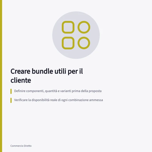 Creare bundle utili per il cliente: Definire componenti, quantità e varianti prima della proposta; Verificare la disponibilità reale di ogni combinazione ammessa; Mostrare vincoli tra misure dei componenti prima dell'acquisto. Creare bundle utili per il cliente