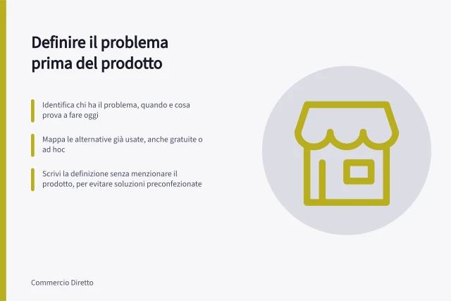 Definire il problema prima del prodotto: Identifica chi ha il problema, quando e cosa prova a fare oggi; Mappa le alternative già usate, anche gratuite o ad hoc; Scrivi la definizione senza menzionare il prodotto, per evitare soluzioni preconfezionate. Definire il problema del cliente prima del prodotto