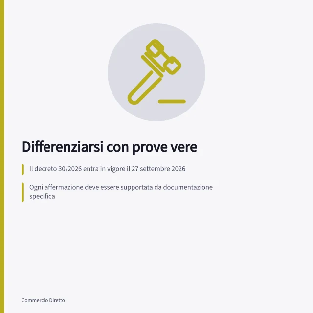 Differenziarsi con prove vere: Il decreto 30/2026 entra in vigore il 27 settembre 2026; Ogni affermazione deve essere supportata da documentazione specifica; Descrivere una differenza richiede contesto e uso previsto. Differenziarsi senza affermazioni non dimostrate
