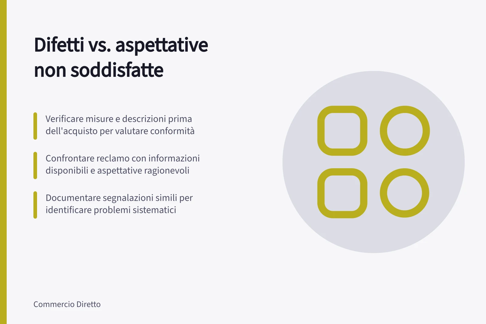 Difetti vs. aspettative non soddisfatte: Verificare misure e descrizioni prima dell'acquisto per valutare conformità; Confrontare reclamo con informazioni disponibili e aspettative ragionevoli; Documentare segnalazioni simili per identificare problemi sistematici