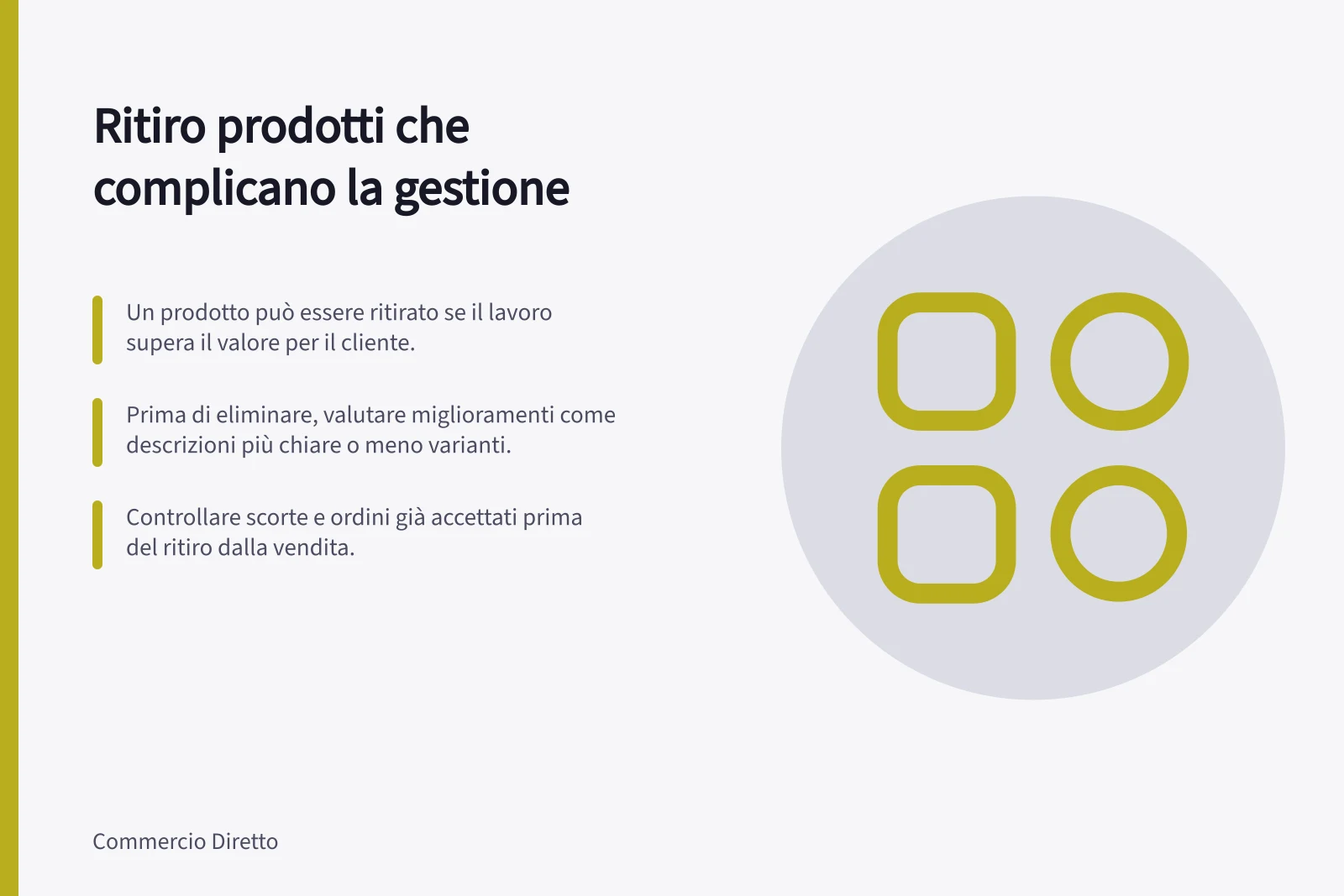 Ritiro prodotti che complicano la gestione: Un prodotto può essere ritirato se il lavoro supera il valore per il cliente.; Prima di eliminare, valutare miglioramenti come descrizioni più chiare o meno varianti.; Controllare scorte e ordini già accettati prima del ritiro dalla vendita.