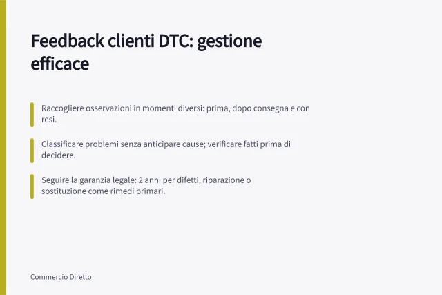 Feedback clienti DTC: gestione efficace: Raccogliere osservazioni in momenti diversi: prima, dopo consegna e con resi.; Classificare problemi senza anticipare cause; verificare fatti prima di decidere.; Seguire la garanzia legale: 2 anni per difetti, riparazione o sostituzione come rimedi primari. Feedback dei clienti DTC