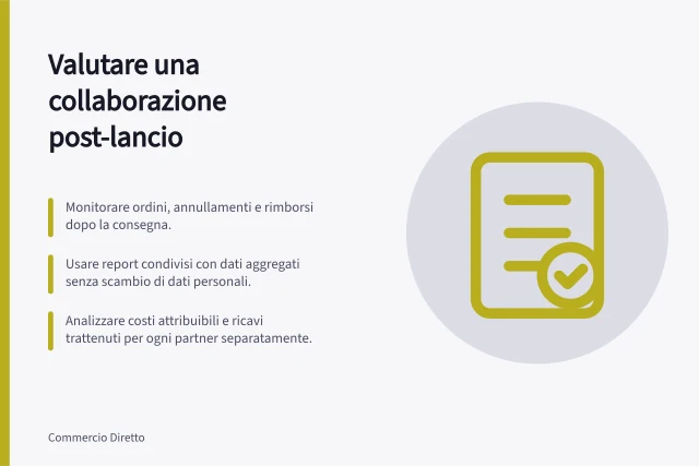 Valutare una collaborazione post-lancio: Monitorare ordini, annullamenti e rimborsi dopo la consegna.; Usare report condivisi con dati aggregati senza scambio di dati personali.; Analizzare costi attribuibili e ricavi trattenuti per ogni partner separatamente. Misurare una collaborazione oltre il giorno del lancio