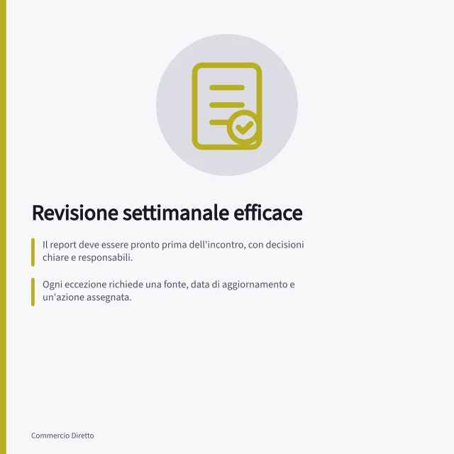 Revisione settimanale efficace: Il report deve essere pronto prima dell'incontro, con decisioni chiare e responsabili.; Ogni eccezione richiede una fonte, data di aggiornamento e un'azione assegnata.; Le decisioni aperte vanno riportate nel riepilogo fino al loro completamento. Organizzare una breve revisione settimanale