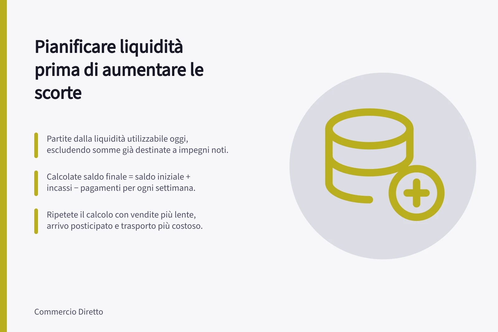 Pianificare liquidità prima di aumentare le scorte: Partite dalla liquidità utilizzabile oggi, escludendo somme già destinate a impegni noti.; Calcolate saldo finale = saldo iniziale + incassi − pagamenti per ogni settimana.; Ripetete il calcolo con vendite più lente, arrivo posticipato e trasporto più costoso.