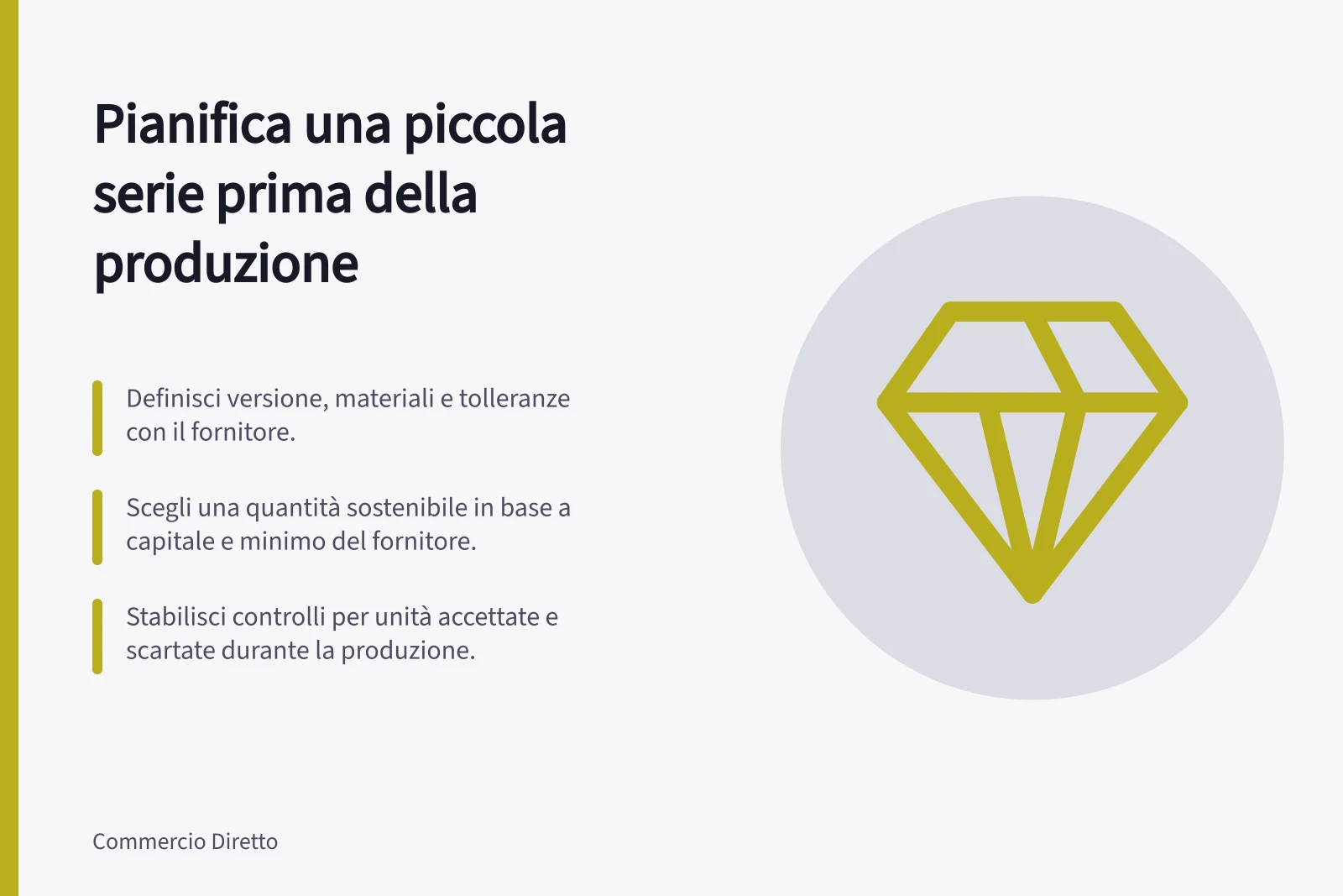 Pianifica una piccola serie prima della produzione: Definisci versione, materiali e tolleranze con il fornitore.; Scegli una quantità sostenibile in base a capitale e minimo del fornitore.; Stabilisci controlli per unità accettate e scartate durante la produzione.