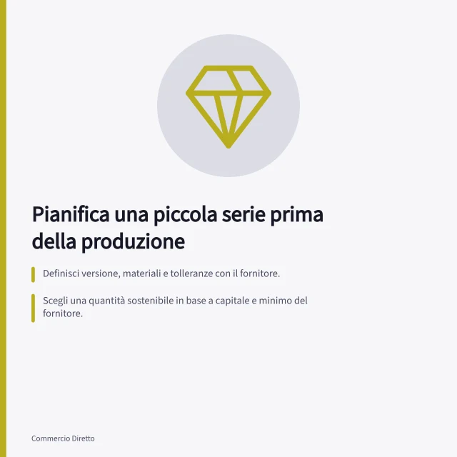 Pianifica una piccola serie prima della produzione: Definisci versione, materiali e tolleranze con il fornitore.; Scegli una quantità sostenibile in base a capitale e minimo del fornitore.; Stabilisci controlli per unità accettate e scartate durante la produzione. Pianificare una piccola serie prima della produzione completa