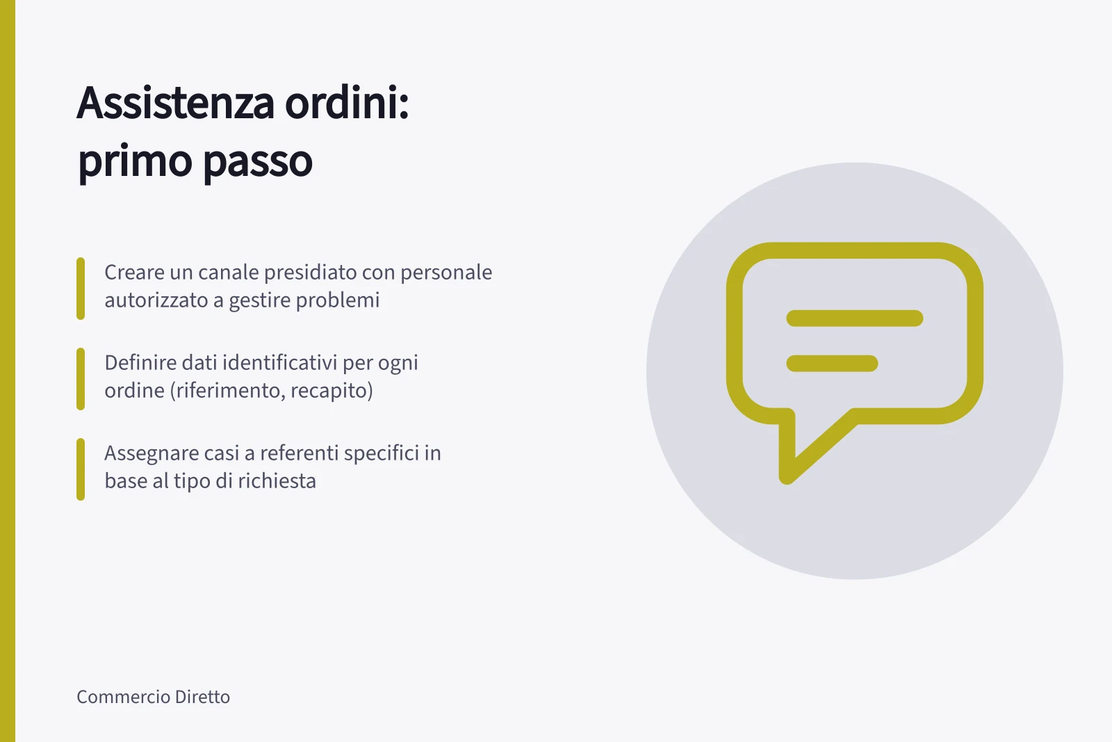 Assistenza ordini: primo passo: Creare un canale presidiato con personale autorizzato a gestire problemi; Definire dati identificativi per ogni ordine (riferimento, recapito); Assegnare casi a referenti specifici in base al tipo di richiesta