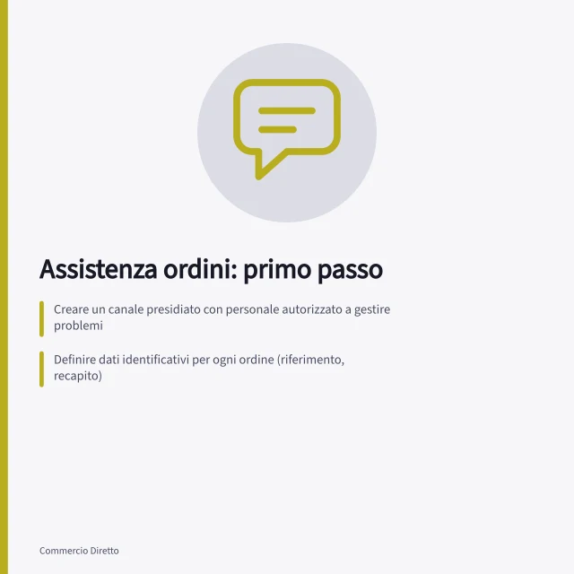 Assistenza ordini: primo passo: Creare un canale presidiato con personale autorizzato a gestire problemi; Definire dati identificativi per ogni ordine (riferimento, recapito); Assegnare casi a referenti specifici in base al tipo di richiesta. Preparare assistenza per i primi ordini