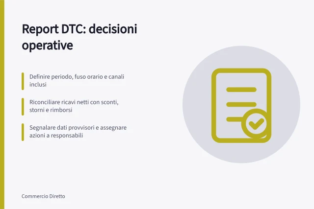 Report DTC: decisioni operative: Definire periodo, fuso orario e canali inclusi; Riconciliare ricavi netti con sconti, storni e rimborsi; Segnalare dati provvisori e assegnare azioni a responsabili. Report operativi DTC