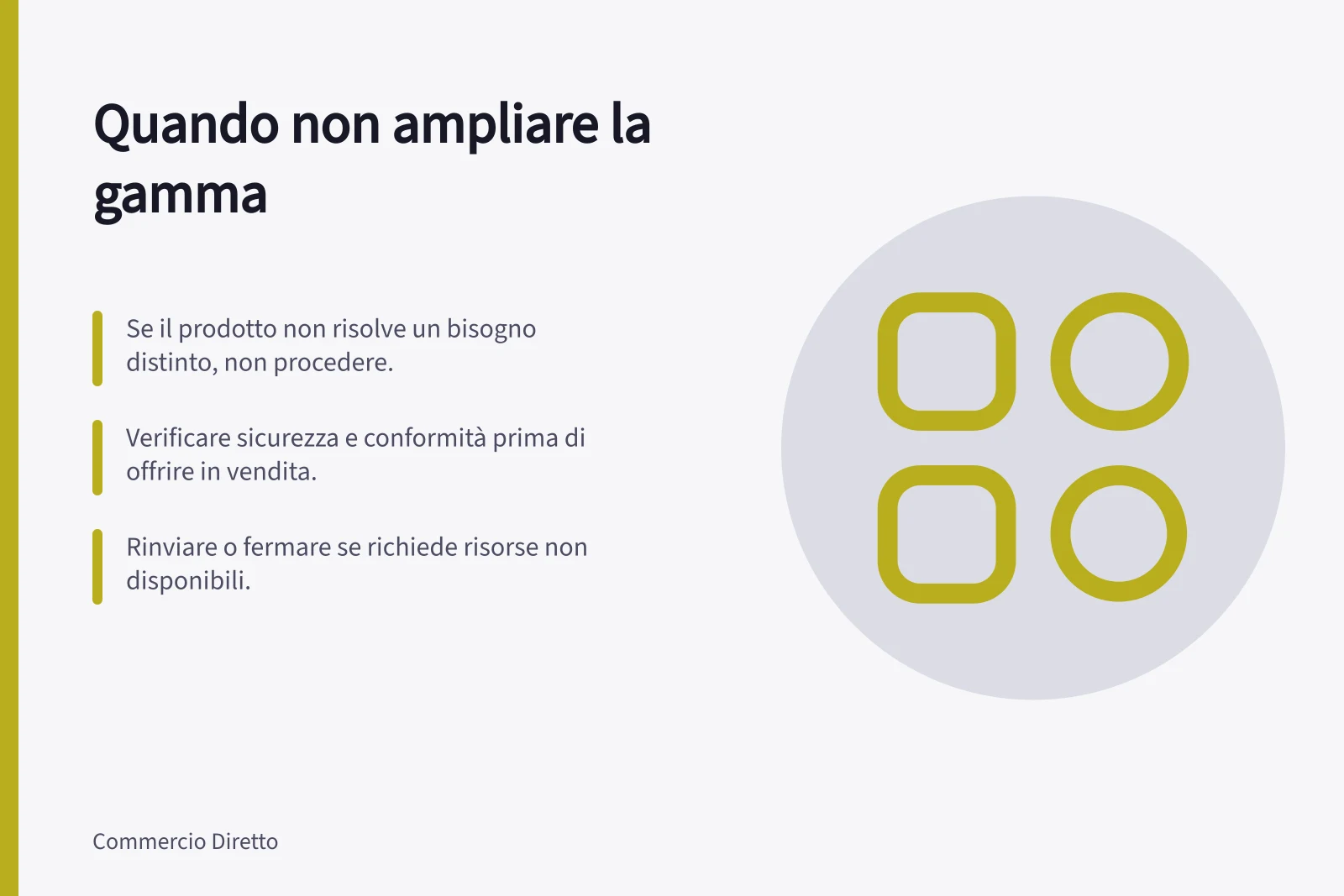 Quando non ampliare la gamma: Se il prodotto non risolve un bisogno distinto, non procedere.; Verificare sicurezza e conformità prima di offrire in vendita.; Rinviare o fermare se richiede risorse non disponibili.