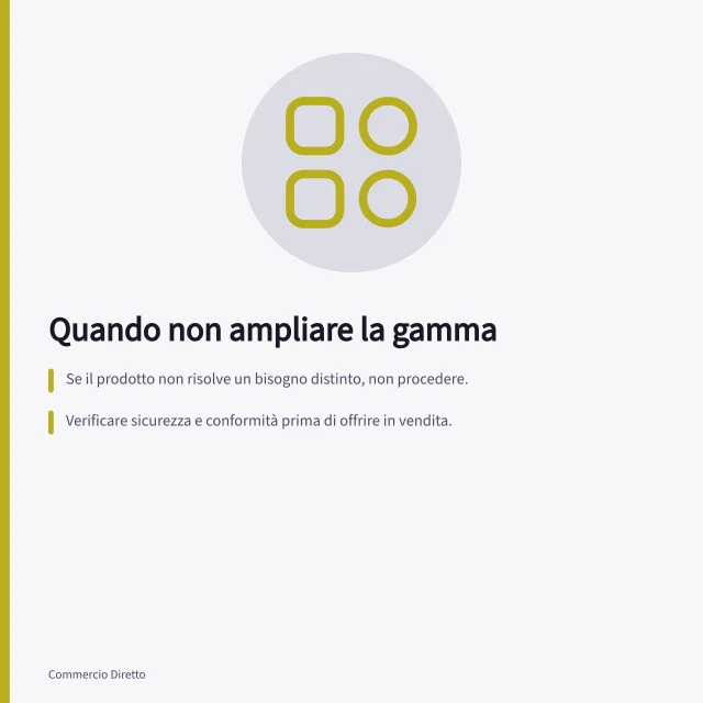 Quando non ampliare la gamma: Se il prodotto non risolve un bisogno distinto, non procedere.; Verificare sicurezza e conformità prima di offrire in vendita.; Rinviare o fermare se richiede risorse non disponibili. Riconoscere quando non ampliare la gamma