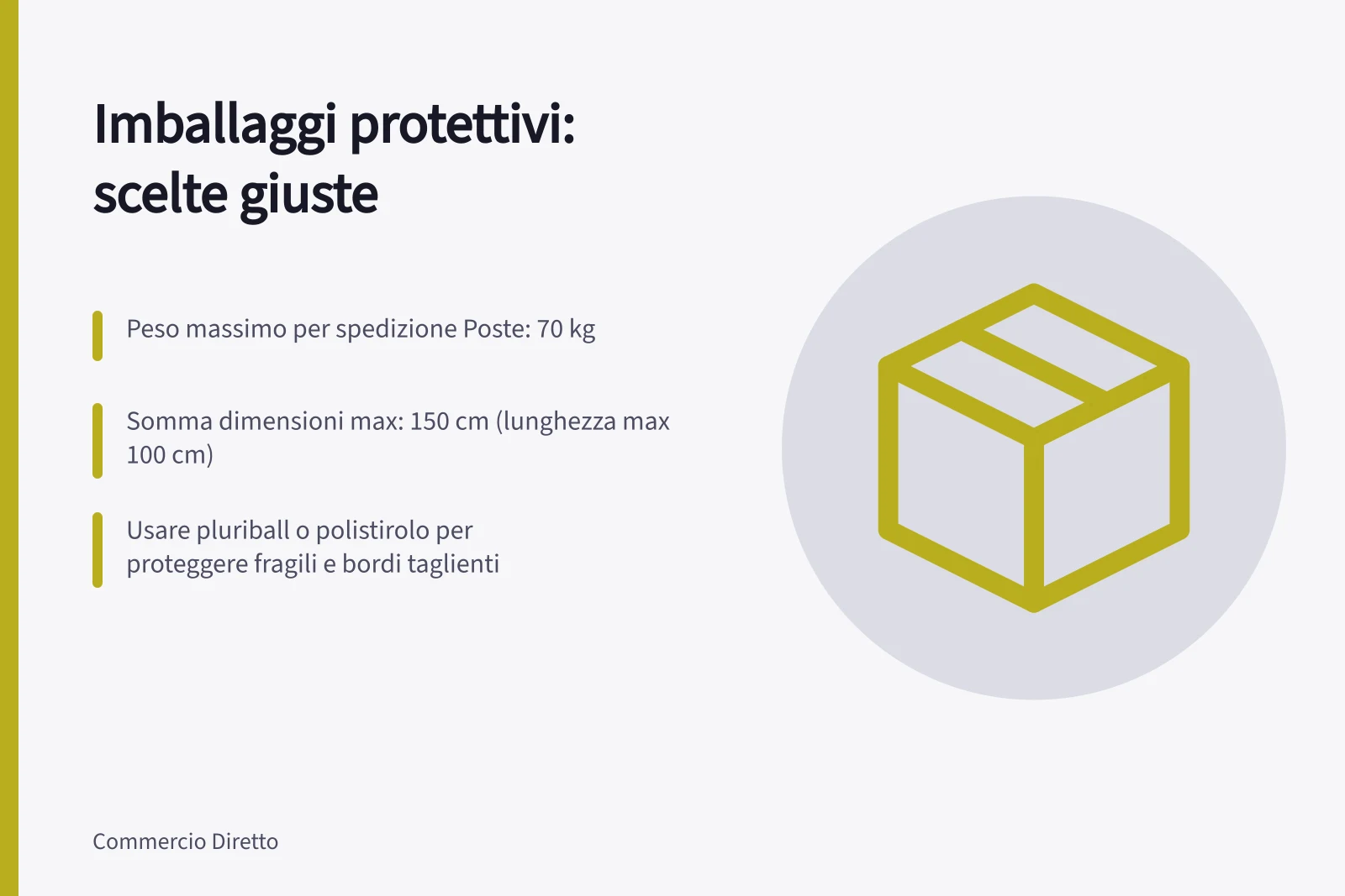 Imballaggi protettivi: scelte giuste: Peso massimo per spedizione Poste: 70 kg; Somma dimensioni max: 150 cm (lunghezza max 100 cm); Usare pluriball o polistirolo per proteggere fragili e bordi taglienti
