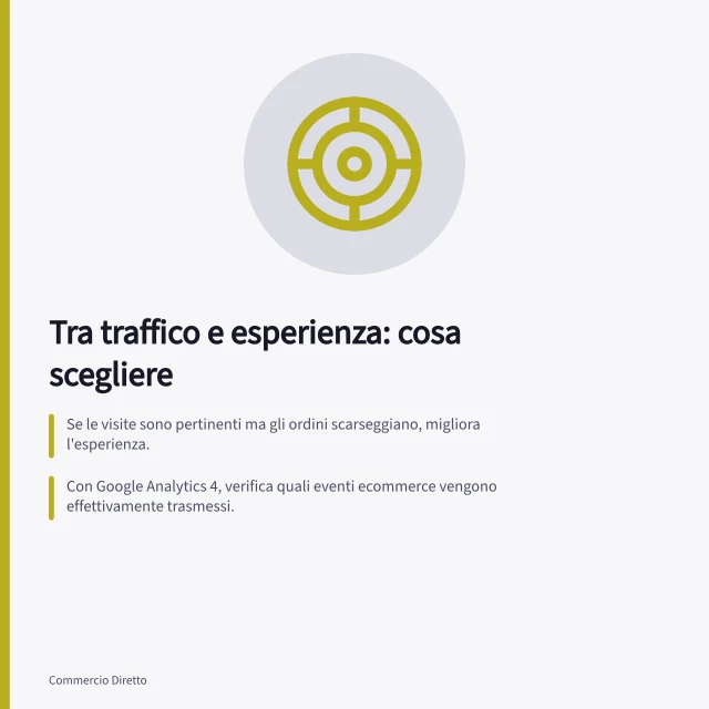 Tra traffico e esperienza: cosa scegliere: Se le visite sono pertinenti ma gli ordini scarseggiano, migliora l'esperienza.; Con Google Analytics 4, verifica quali eventi ecommerce vengono effettivamente trasmessi.; Un aumento del traffico senza migliorare il checkout può portare a carrelli abbandonati. Scegliere tra più traffico e un'esperienza migliore