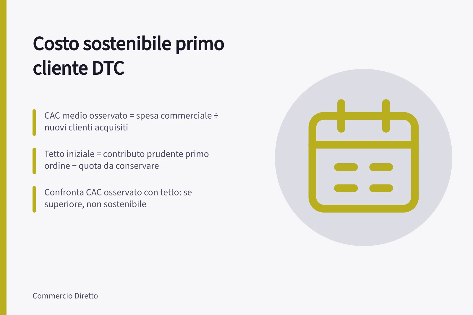 Costo sostenibile primo cliente DTC: CAC medio osservato = spesa commerciale ÷ nuovi clienti acquisiti; Tetto iniziale = contributo prudente primo ordine − quota da conservare; Confronta CAC osservato con tetto: se superiore, non sostenibile