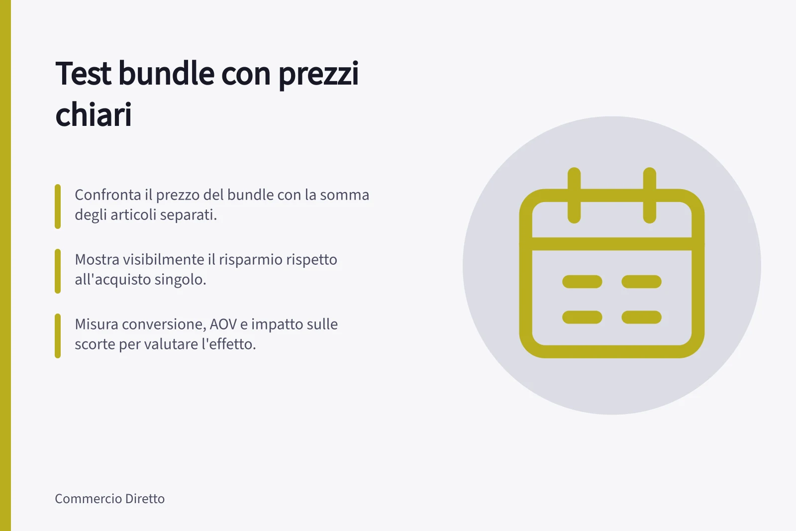 Test bundle con prezzi chiari: Confronta il prezzo del bundle con la somma degli articoli separati.; Mostra visibilmente il risparmio rispetto all'acquisto singolo.; Misura conversione, AOV e impatto sulle scorte per valutare l'effetto.