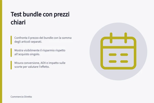 Test bundle con prezzi chiari: Confronta il prezzo del bundle con la somma degli articoli separati.; Mostra visibilmente il risparmio rispetto all'acquisto singolo.; Misura conversione, AOV e impatto sulle scorte per valutare l'effetto. Testare bundle con prezzi comprensibili