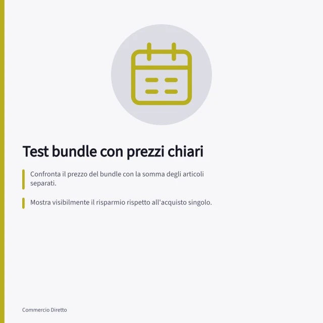 Test bundle con prezzi chiari: Confronta il prezzo del bundle con la somma degli articoli separati.; Mostra visibilmente il risparmio rispetto all'acquisto singolo.; Misura conversione, AOV e impatto sulle scorte per valutare l'effetto. Testare bundle con prezzi comprensibili