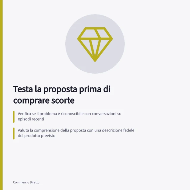 Testa la proposta prima di comprare scorte: Verifica se il problema è riconoscibile con conversazioni su episodi recenti; Valuta la comprensione della proposta con una descrizione fedele del prodotto previsto; Osserva decisioni e obiezioni senza trasformarle subito in varianti. Testare la proposta prima di acquistare scorte